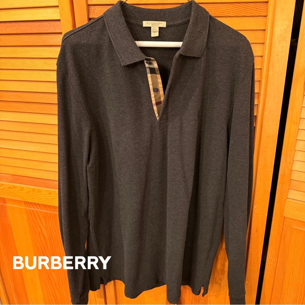 Burberry Men's Dark Gray Polo with Check Detail